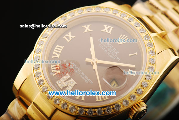 Rolex Datejust Oyster Perpetual Automatic Movement Full Gold with Roman Numeral Markers and Diamond Bezel - Click Image to Close